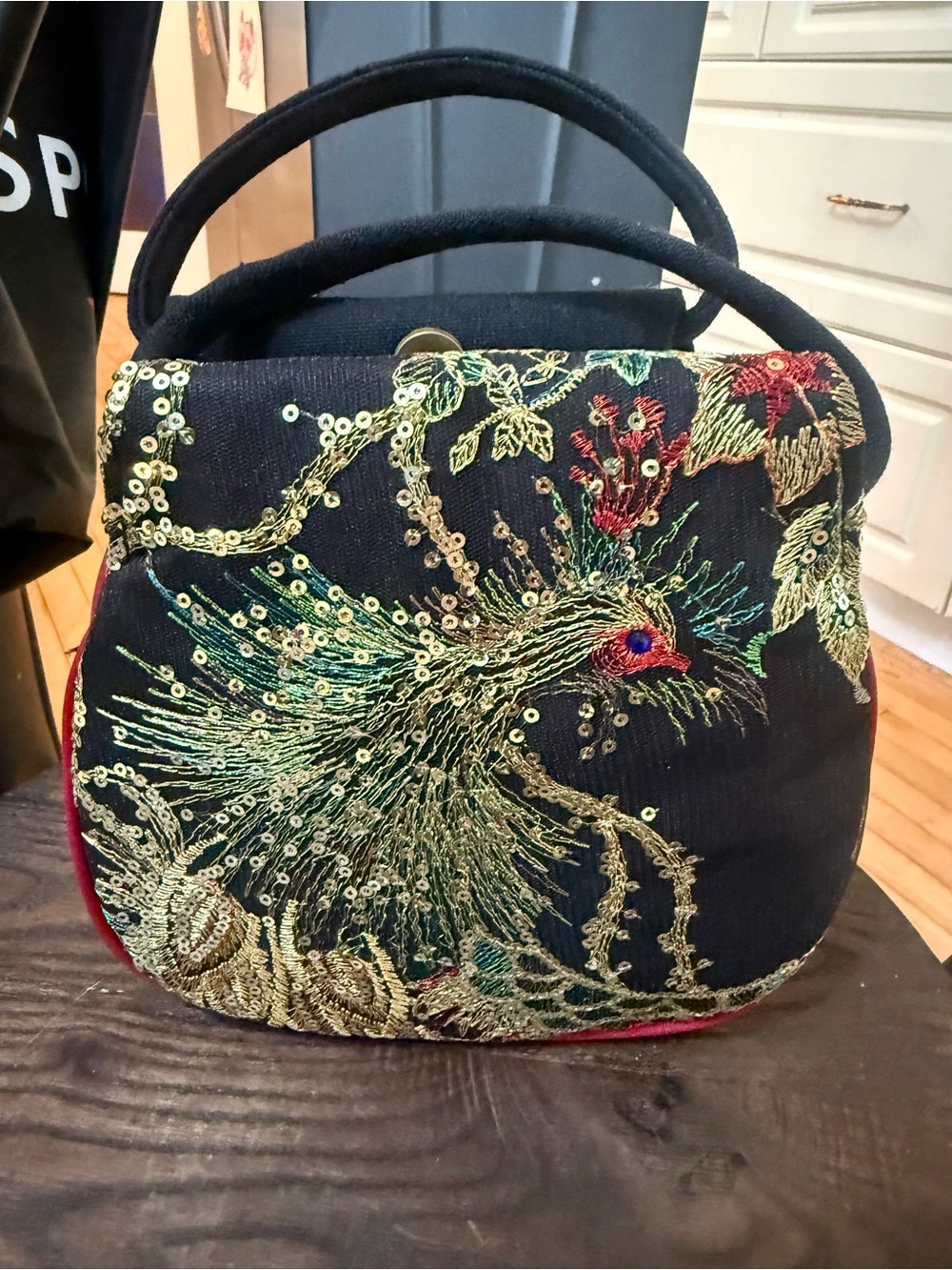 Ethnic Embroidered Peacock Handbag Canvas Sequin Top Handle Bag Black Red